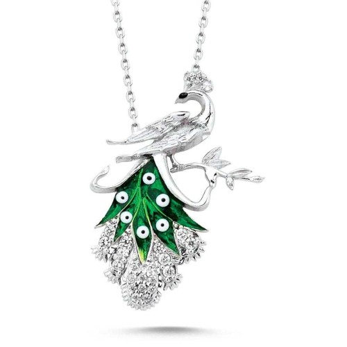 CNG Jewels - Yeşil Renk Zümrüd-ü Anka Kuşu Gümüş Bayan Kolye