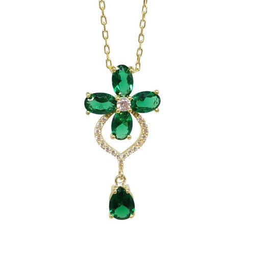 Green Stone Clover Flower Gold Women's Silver Necklace - CNG Jewels