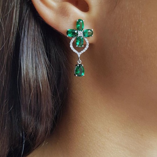 Green Stone Clover Flower Women's Silver Earrings - CNG Jewels