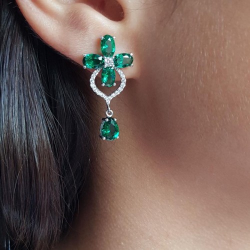 Green Stone Clover Flower Women's Silver Earrings - CNG Jewels (1)
