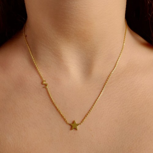 Yıldızlı Kişiye Özel Harf Gümüş Kadın Kolye - 2