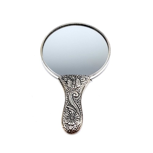 Yuvarlak Gül Desenli Minik Gümüş El Aynası - Thumbnail