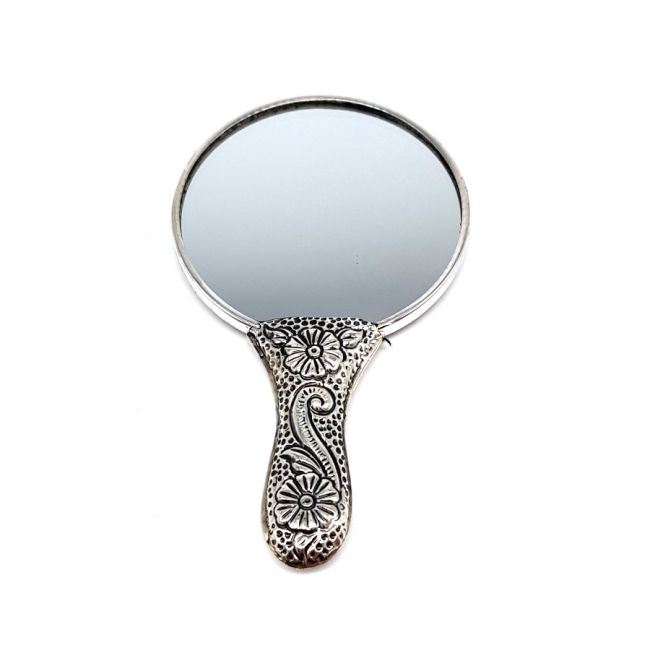Yuvarlak Gül Desenli Minik Gümüş El Aynası