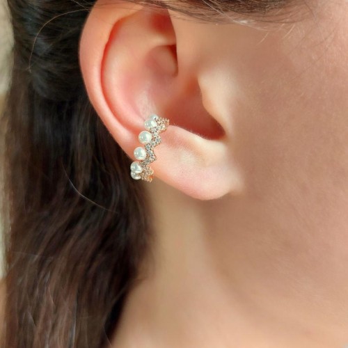 Zikzak Taşlı İncili Rose Kıkırdak Gümüş Küpe - 1