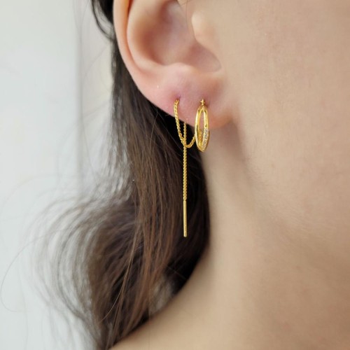 Zincirli Çift Halka Gold Gümüş Küpe - CNG Jewels