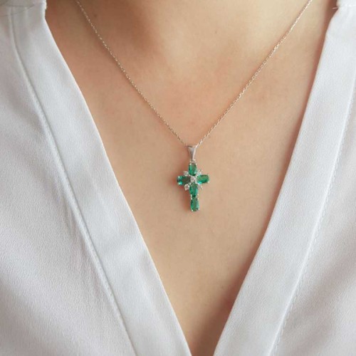 Emerald Stone Cross Women's Silver Necklace - CNG Jewels (1)